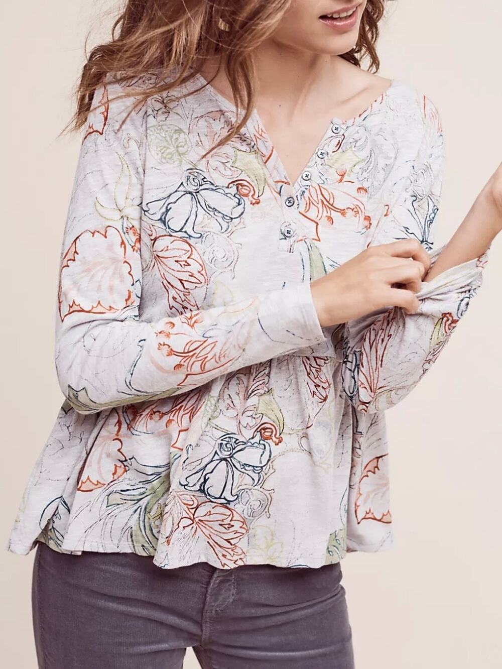 Anthropologie Meadow Rue Floral Printed Peplum Henley Top Size XL